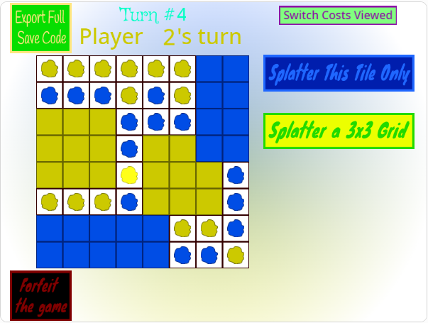 An 8x8 grid of white, blue, and yellow tiles. The white tiles have paint blobs on them, some of which are yellow and some of which are blue.